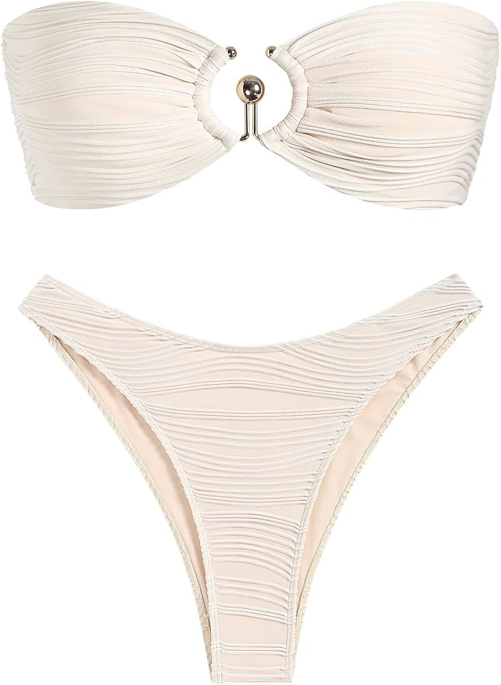 ZAFUL Womens Bandeau Bikini Set Metallic Sparkly O Ring Lace Up High Cut Tanga Sexy Bathing Suit ... | Amazon (US)