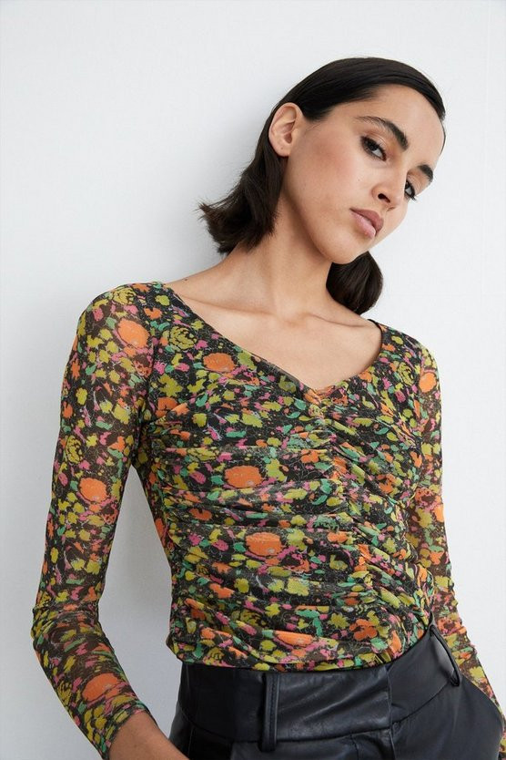 Abstract Print Ruched Front Mesh Top | Warehouse UK & IE