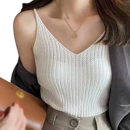 Women Spaghetti Strap V-Neck Camisole Twist Cable Knit Solid Sleeveless Crop Top | Walmart (US)