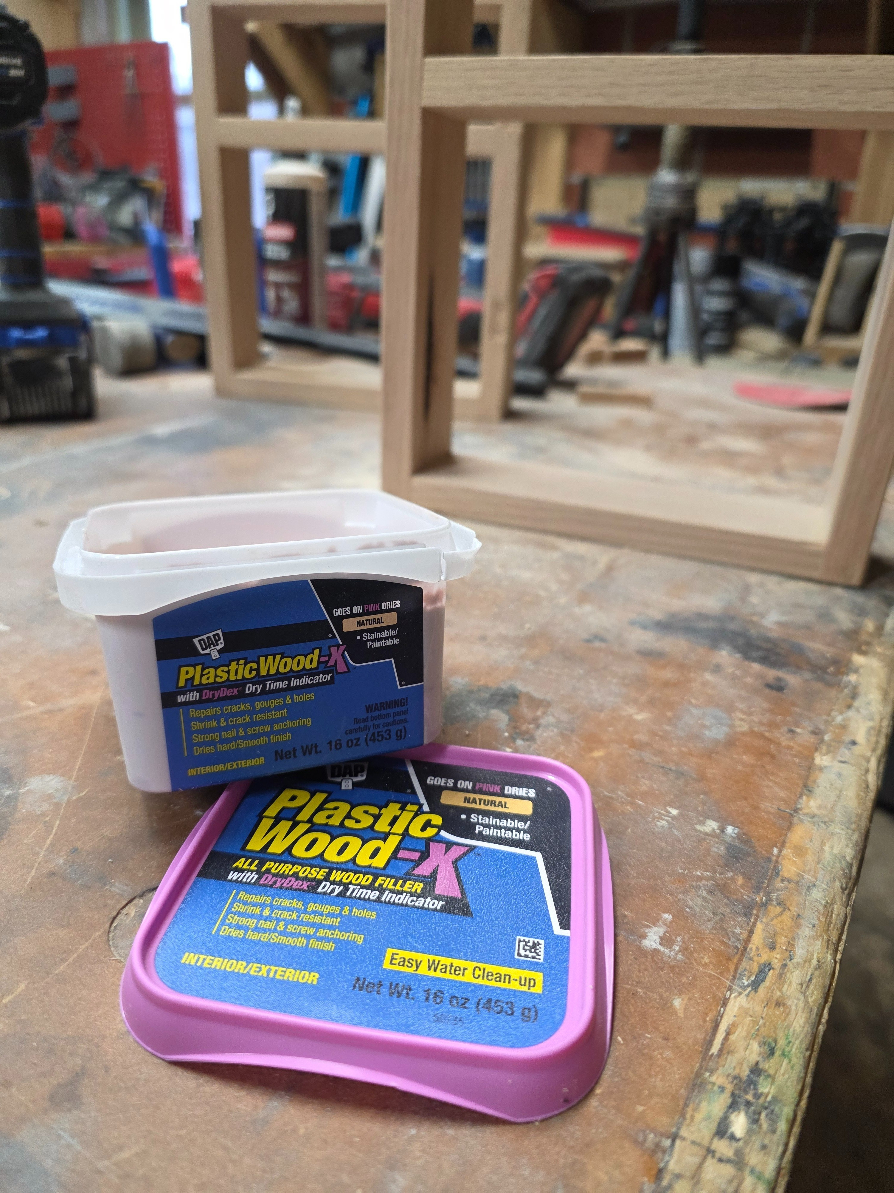 We love using this wood filler on our woodworking projects. It goes on pink, but dries naturally so you know when it is done and time to sand! It is paintable and stainable! #diy #woodworking  

 