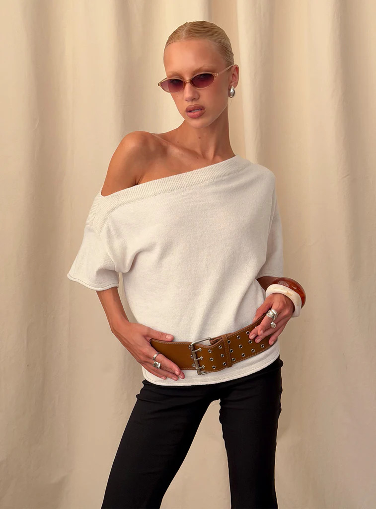Kourta Off Shoulder Oversized Knit Top Oat | Princess Polly US