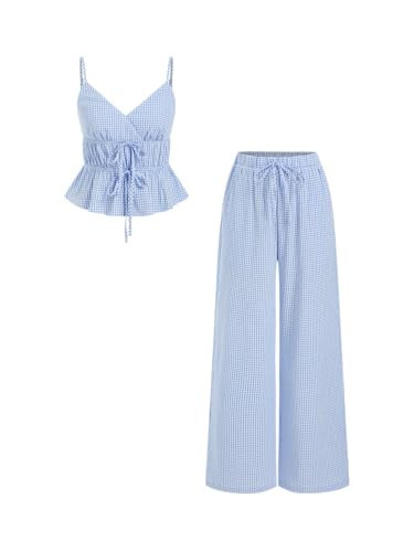 CIDER Two Piece Sets for Women Spaghetti Strap V Neck Peplum Top Wide Leg Pants Y2K Gingham Matching Outfits | Amazon (US)