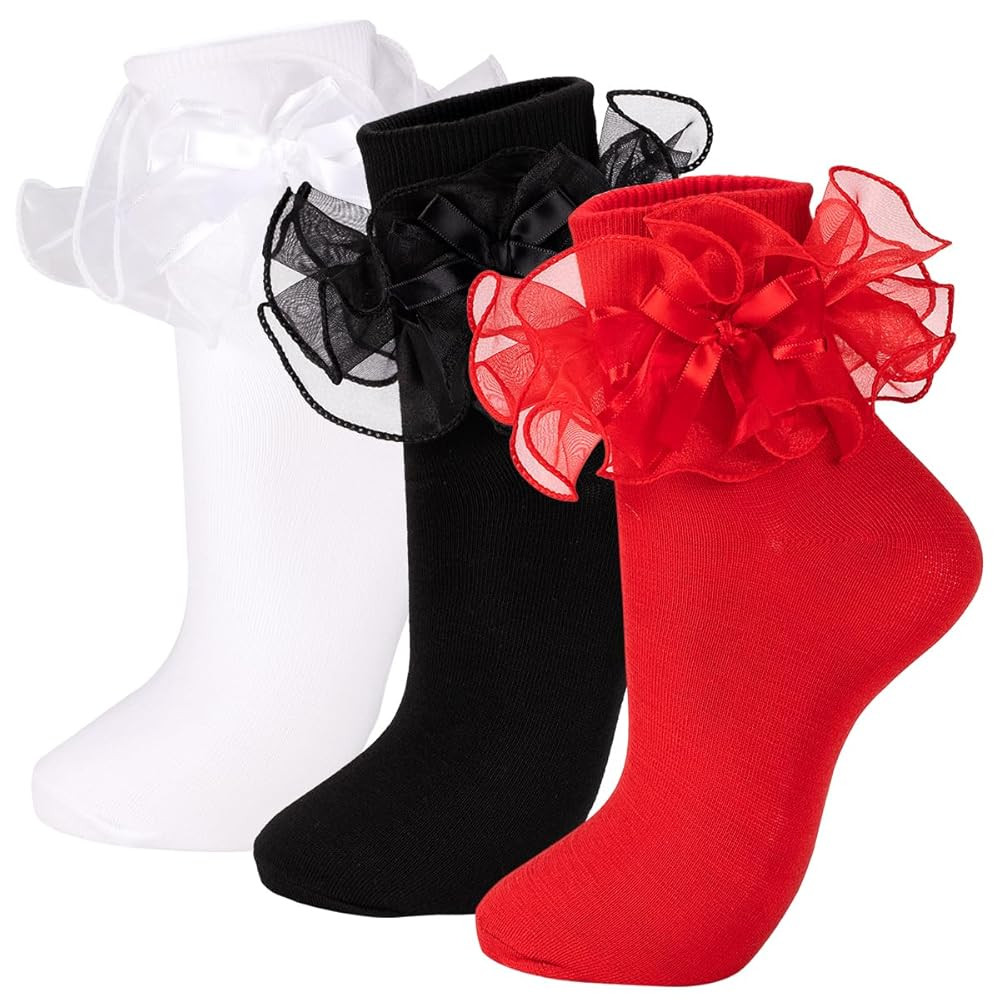 NiceBaby Women's Big Ruffle Socks Double Lace with Bows (Size 9-11, 3 Pairs) | Amazon (US)