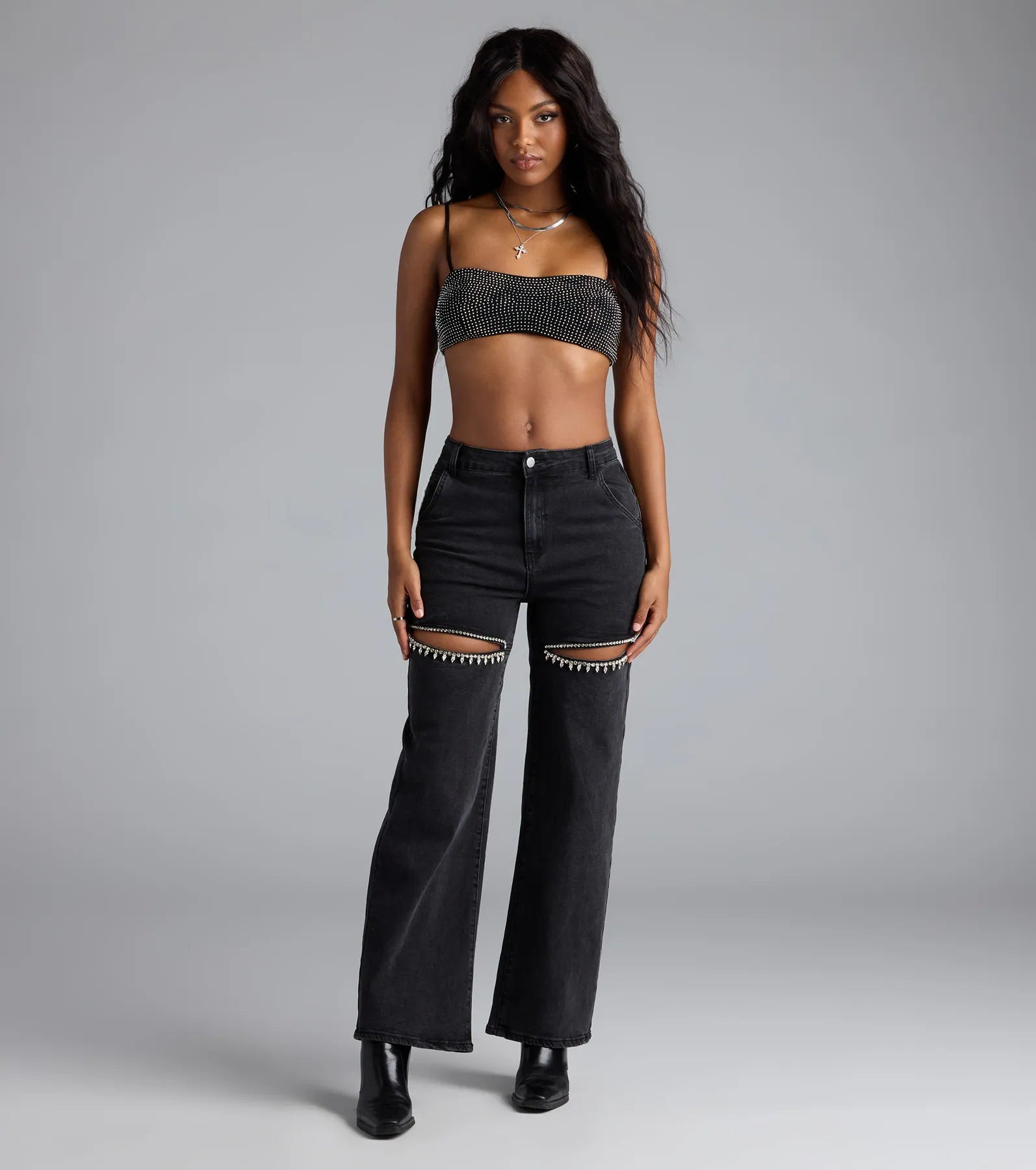 So Obsessed Rhinestone Cutout Straight Leg Denim Jeans | Windsor Stores