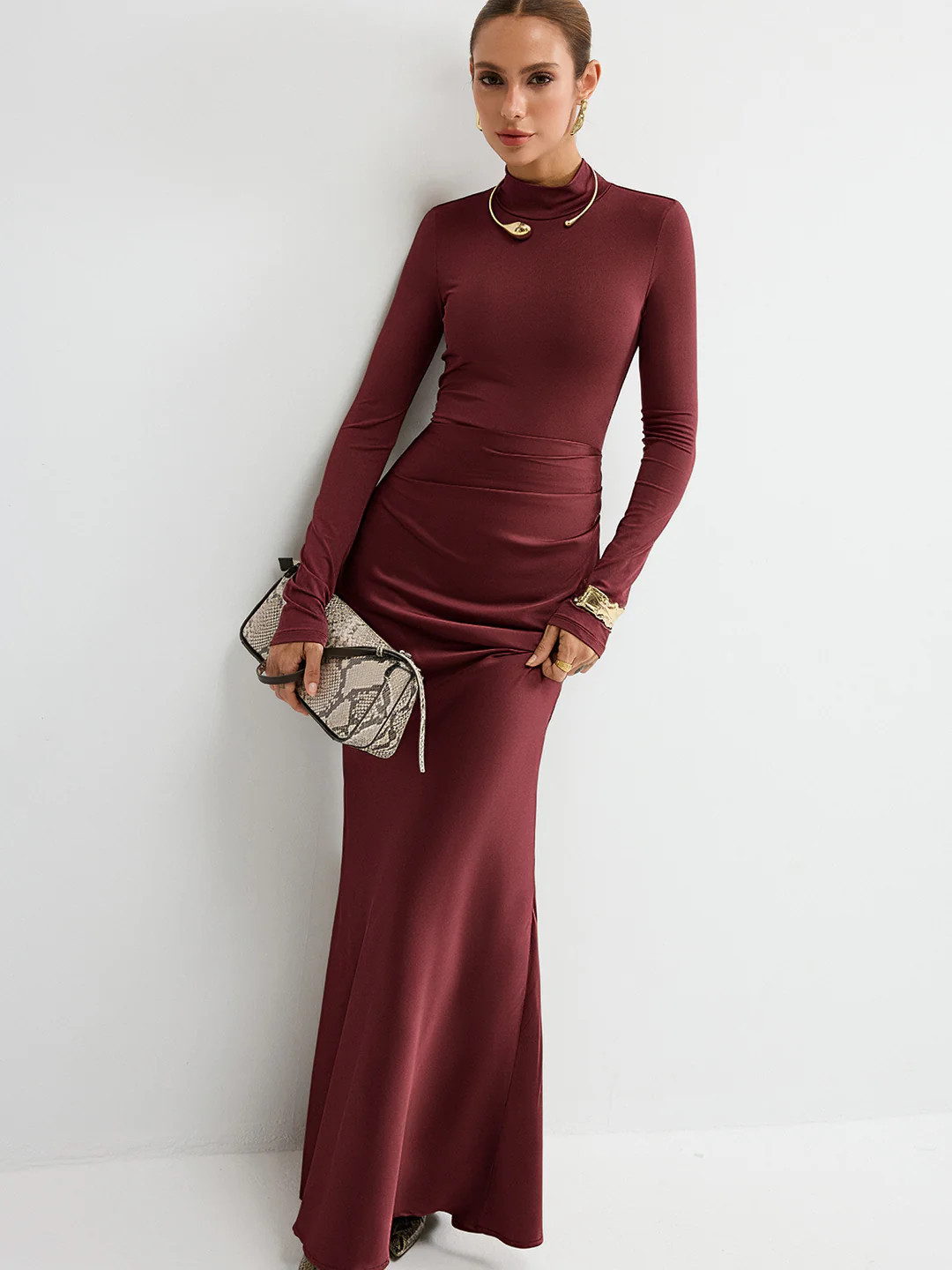 Satin Panel Mock Neck Long Sleeve Maxi Dress | Commense
