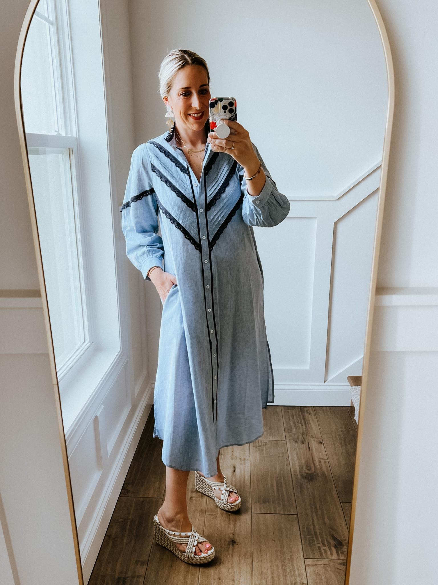 knee length dresses for ladies Joan Chambray Striped Midi Dress Blu Pepper – Lena Layne main image 1