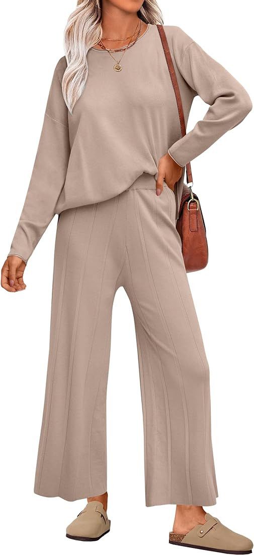 ANRABESS Womens 2 Piece Outfits Sweater Sets Knit Crewneck Tops Wide Leg Pants 2024 Fall Casual M... | Amazon (US)