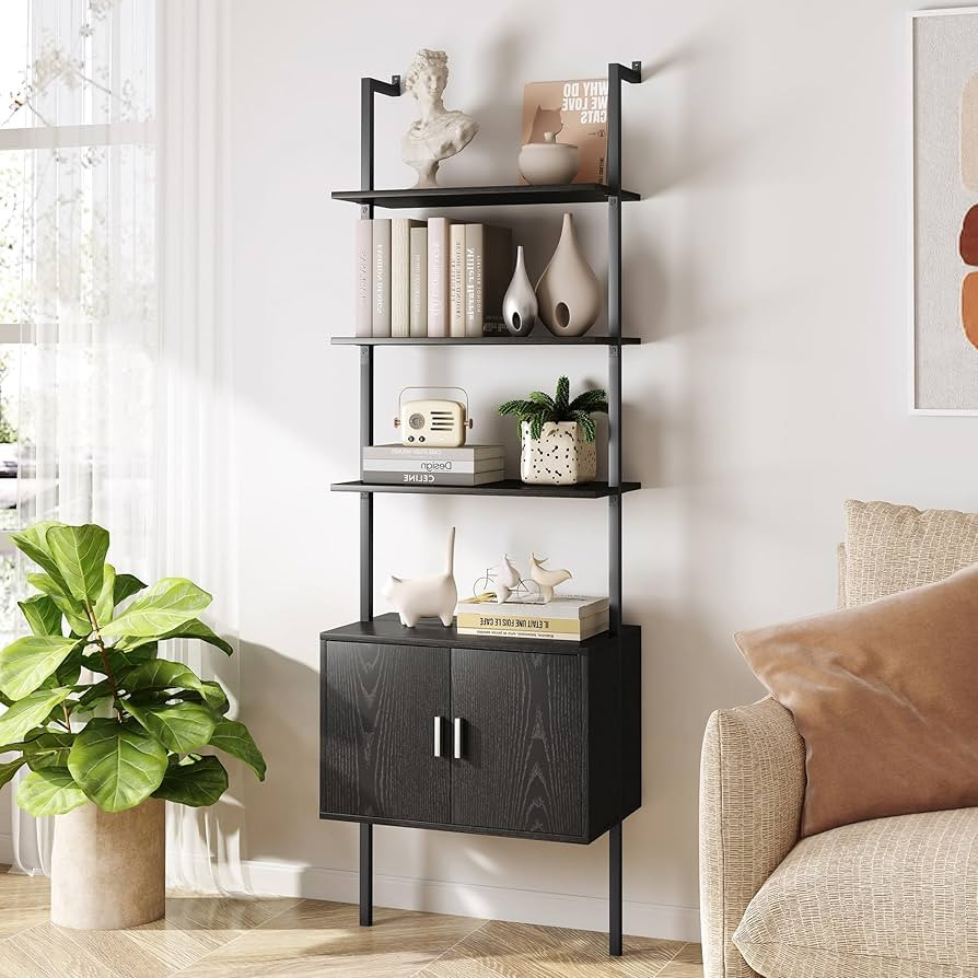 Yusong 73" Tall Bookshelf with Cabinet, Industrial Ladder Wall Mount Shelf Bookcase with Wood and... | Amazon (US)