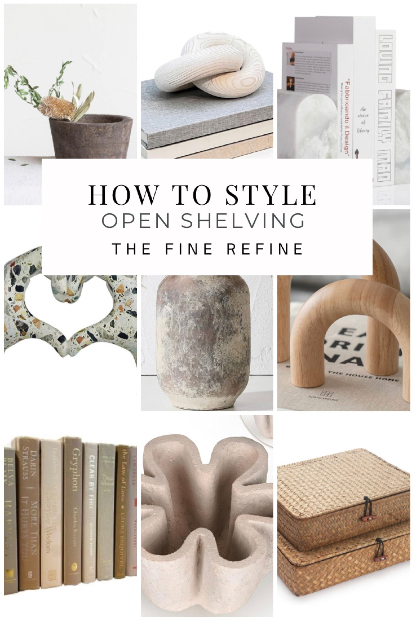 How to Style Open Shelving with a modern organic twist.  Firstly make sure your materials include lots of natural stones and wood textures. My favorite find: awsthetically pleasing and color coordinating real books already styled for you that come in a set. #homedecor #shelfstyling #organicmodern #naturalstone

#LTKhome #LTKCyberWeek #LTKHoliday