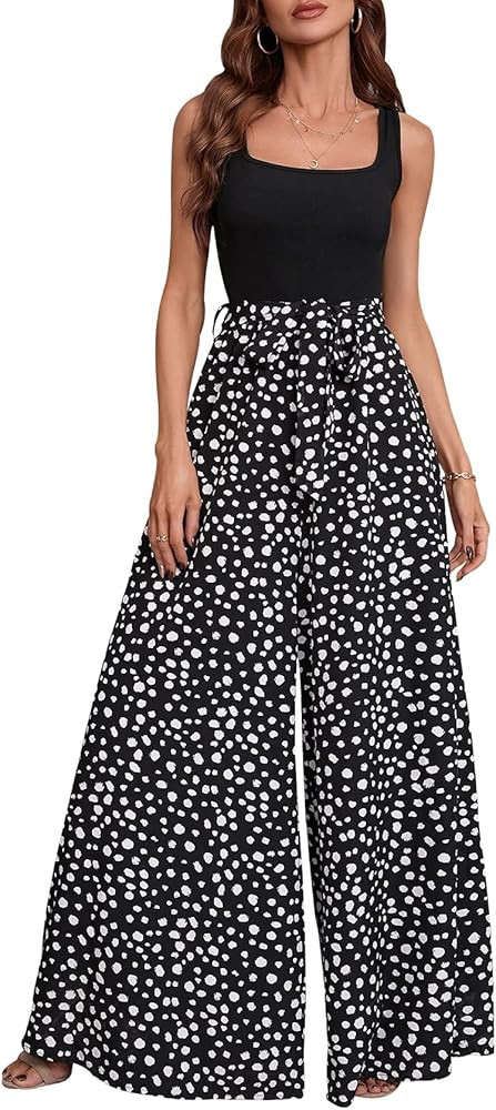 Yajedo Women's Jumpsuits Dressy Casual Summer Loose Wide Leg Tank Top Jumpsuit with Belt | Amazon (US)