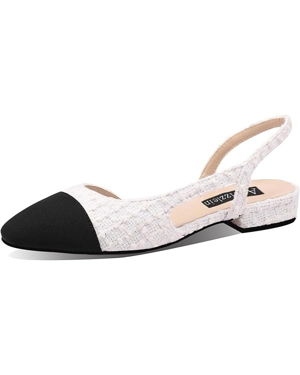 Adrizzlein Womens Slingback Flat Pumps Closed Round Toe Two Toned Casual Flat Office Shoes | Amazon (US)