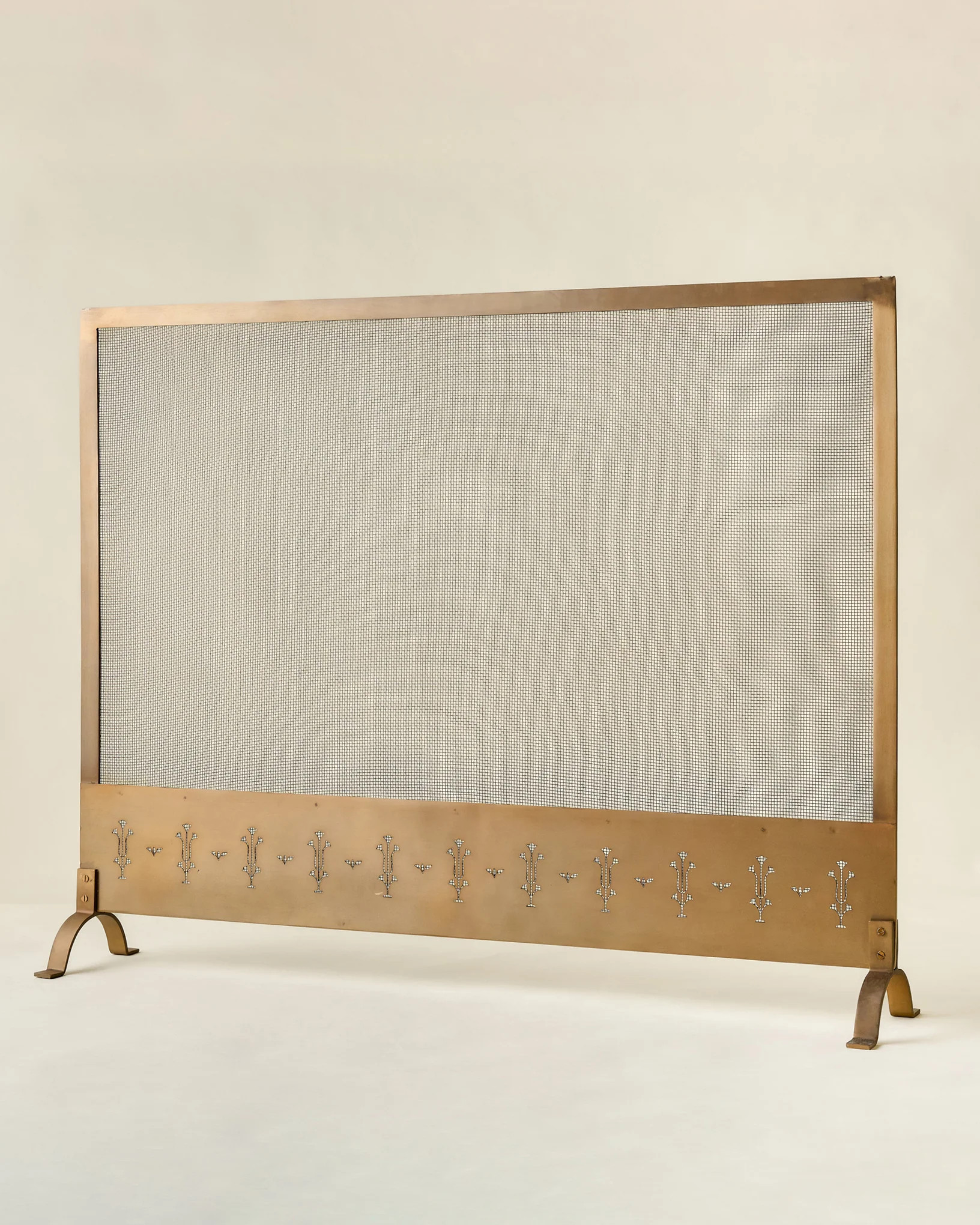 Antiqued Brass Tulip Carved Fireplace Screen | Magnolia