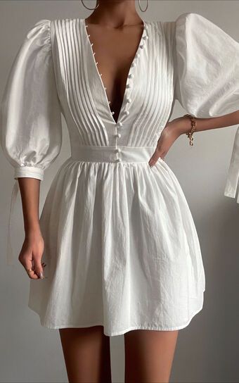 Zandra Mini Dress - Puff Sleeve Poplin in White | Showpo (US, UK & Europe)