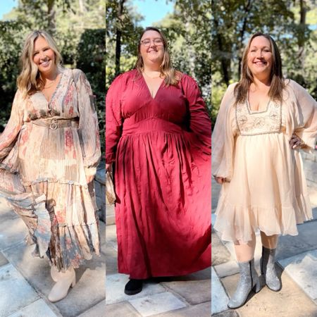 Girls night out plus size outfits!! These dresses would be great for a fall wedding or special event! Dresses run true, Ashley in an 18, Caroline in a 26, and Jess in the 18! PS the boots we are all wearing we LOVE!!! Jewelry discount code HOUSEOFDOROUGH!! Miranda Frye 

#LTKcurves #LTKSeasonal #LTKwedding