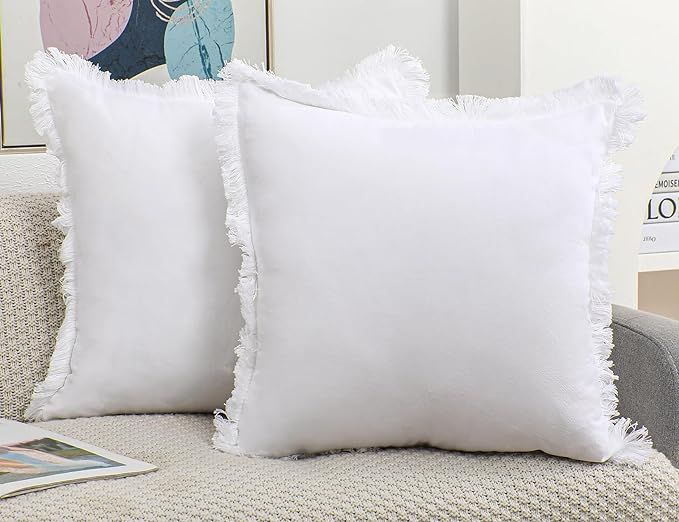 NUYECY Set of 2 Natural Linen Fringed Throw Pillow Covers,White Neutral Decorative Pillowcase wit... | Amazon (US)