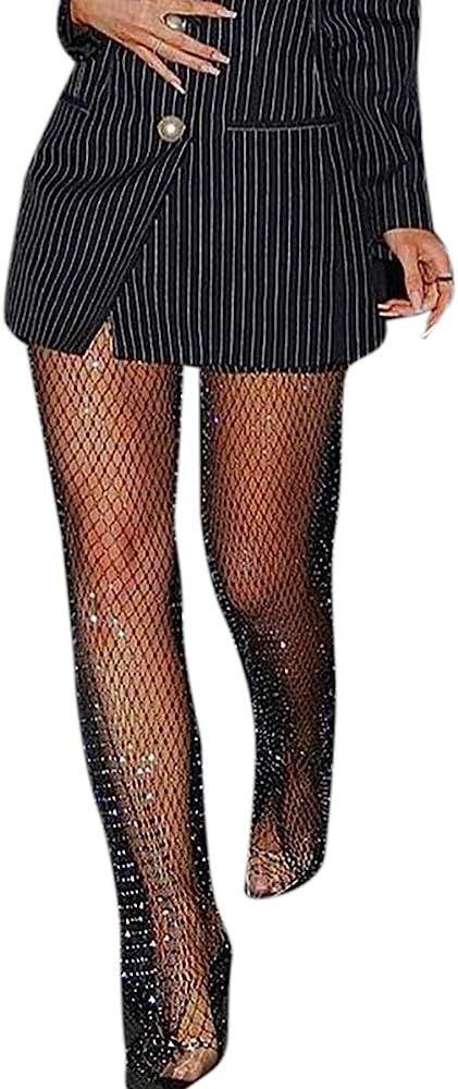 Women Sexy Crystal Rhinestone Mesh Pants Hollow Out Fishnet Leggings Rave Party Festival Club Trouse | Amazon (US)