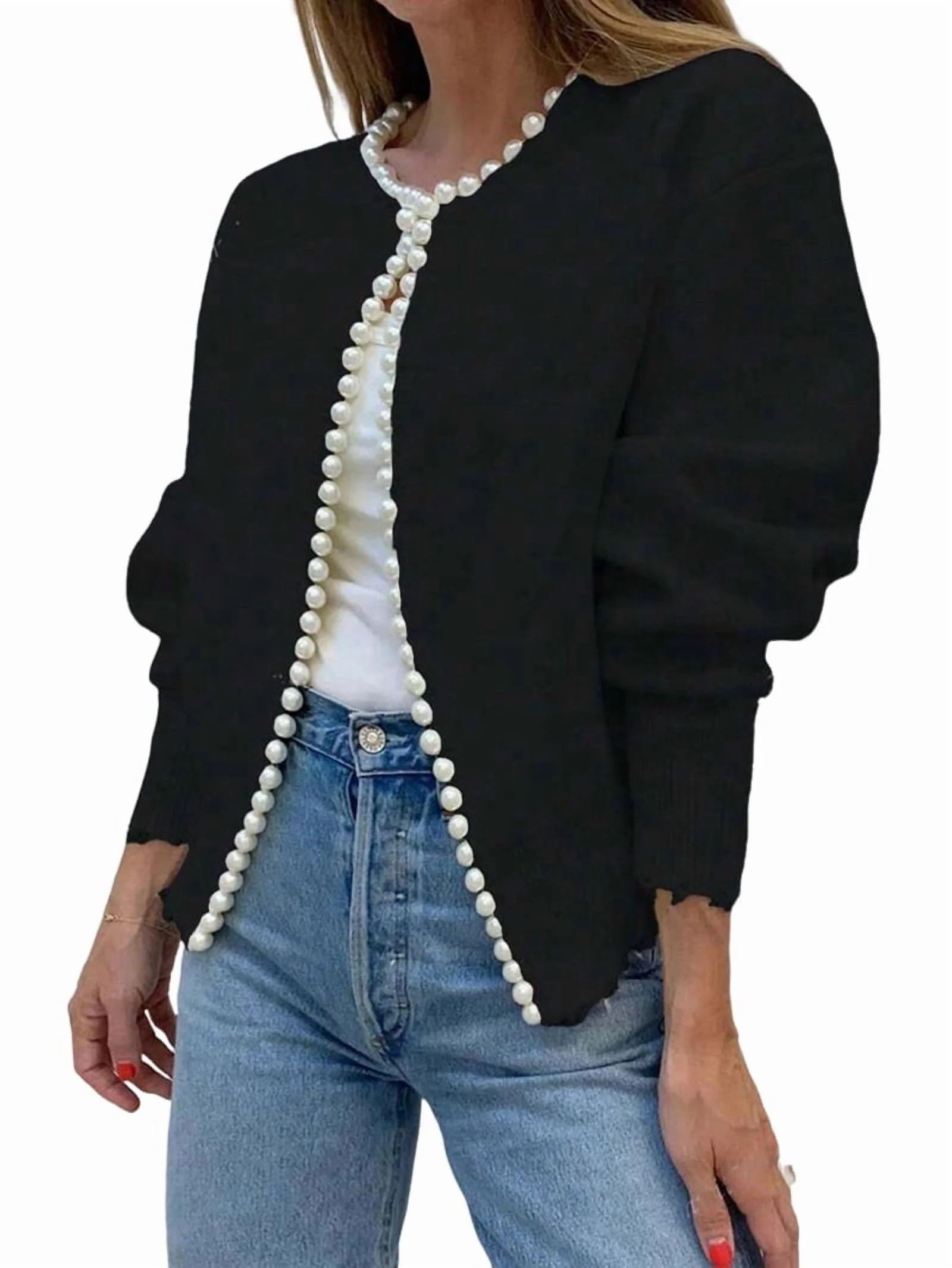 Womens Casual Pearl Cardigan Spring Elegant Embellished Long Sleeve Oversized Knit Sweater Black ... | Walmart (US)
