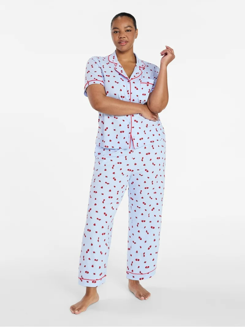 Joyspun Women's Dreamy Soft Collection Notch Knit Top and Capri Pants Pajama Set, 2-Piece, Sizes ... | Walmart (US)
