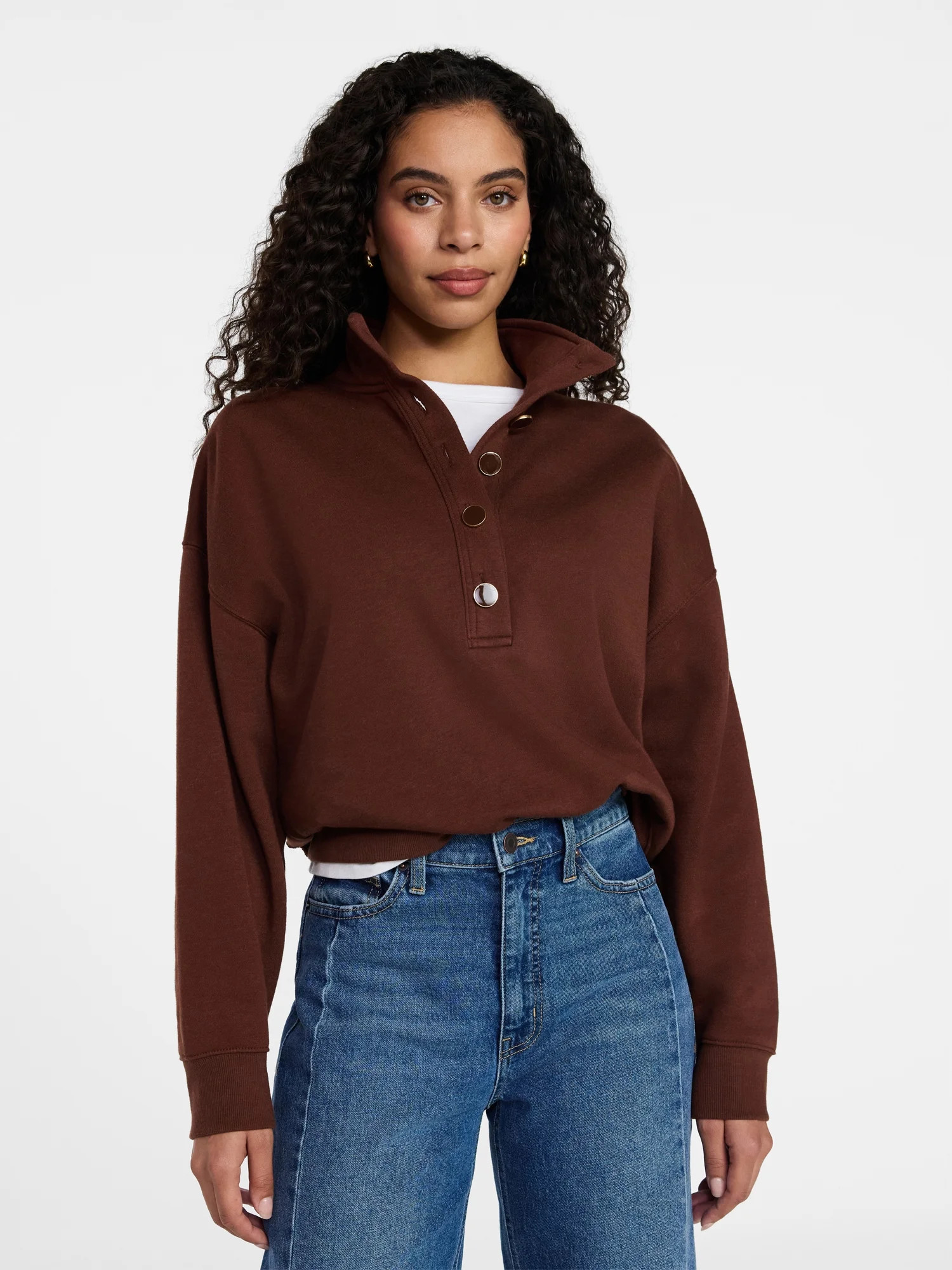 Time and Tru Women's Quarter Button Fleece Top with Long Sleeves, Size XS-4X | Walmart (US)
