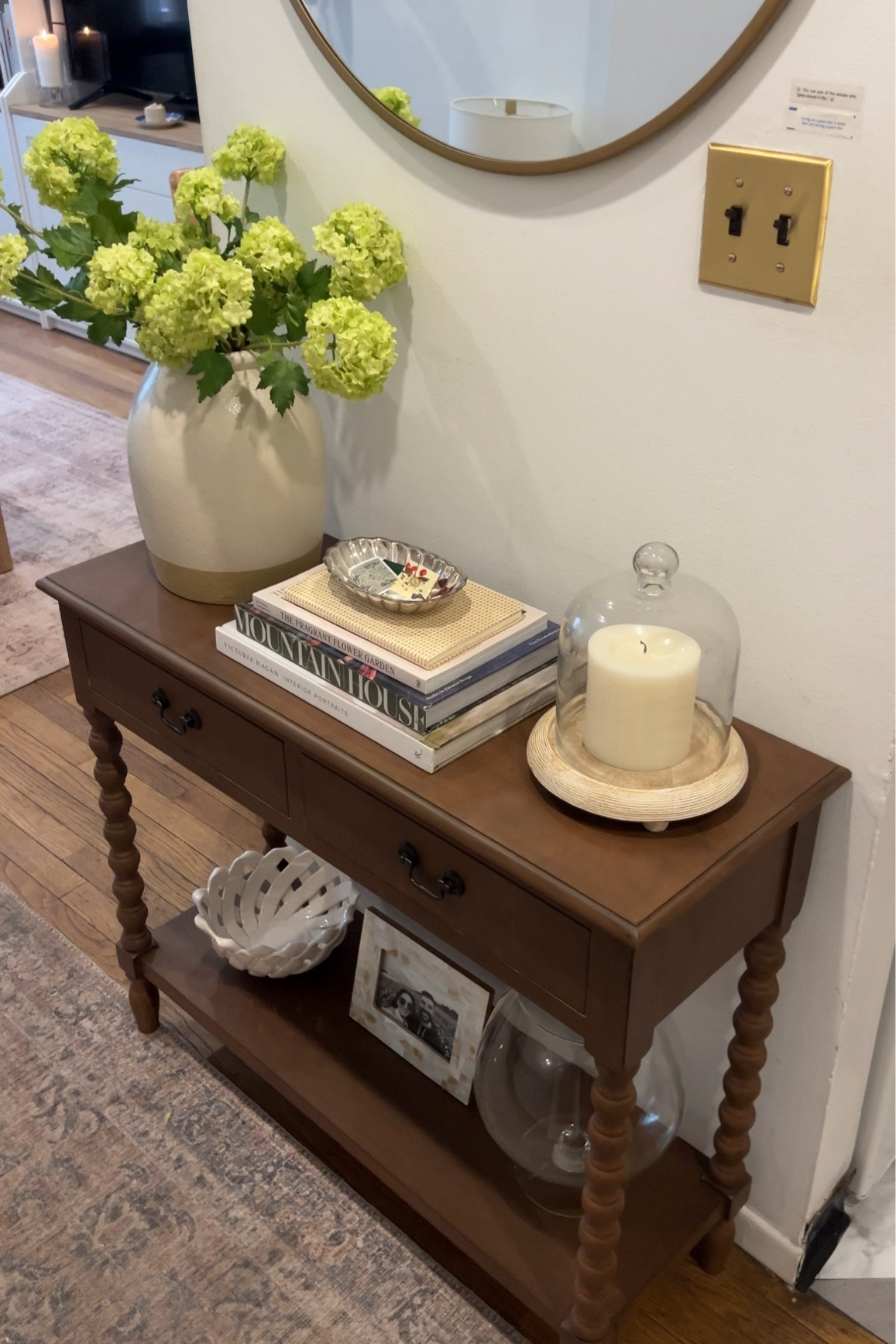 Our functional but pretty entryway 🩵🩵 this area used to bother me, now it’s cute as can be! #homedecor #interiordesign #nancymeyersaesthetic #cozyhome #cozyathome #wayfairfind 

#LTKSeasonal #LTKStyleTip #LTKHome