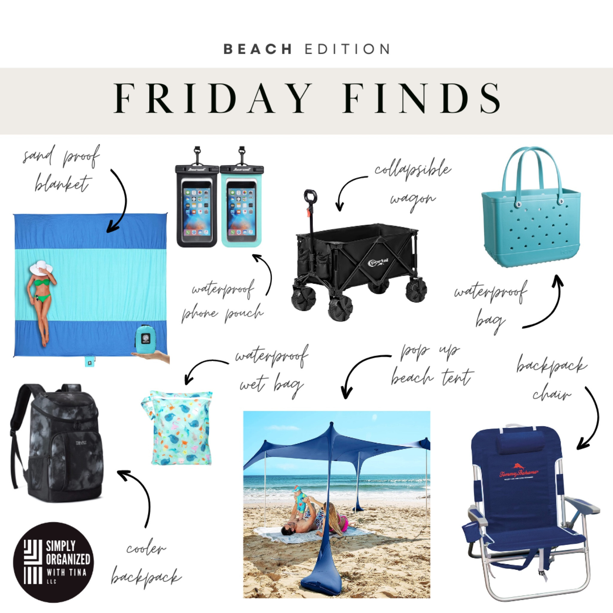 Did you catch our POOL organizing finds last week? Here are our favorite BEACH organizing finds if you are heading to the beach anytime this summer! 🏖️

▪️ Sand-proof blanket: This massive beach blanket folds down into a tiny portable bag. 
▪️ Waterproof phone pouch: Keep your phone protected at all times.
▪️ Collapsible wagon: Totally worth packing all your beach gear (or littles) into this foldable wagon when you're heading to or from the beach.
▪️ Waterproof bag: Perfect for holding beach toys and towels!
▪️ Cooler backpack: Keep your drinks and foods cold with this cooler backpack. 
▪️ Waterproof wet bag: Great for keeping wet things (swimsuits, diapers, etc.) separated from the rest of your beach gear.
▪️ Pop-up beach tent: This beach tent is extremely portable & lightweight. It is held down by sand pockets that you fill! 
▪️ Backpack chair: Carry your beach chair on your back so you're hands-free!

#LTKtravel #LTKswim #LTKSeasonal