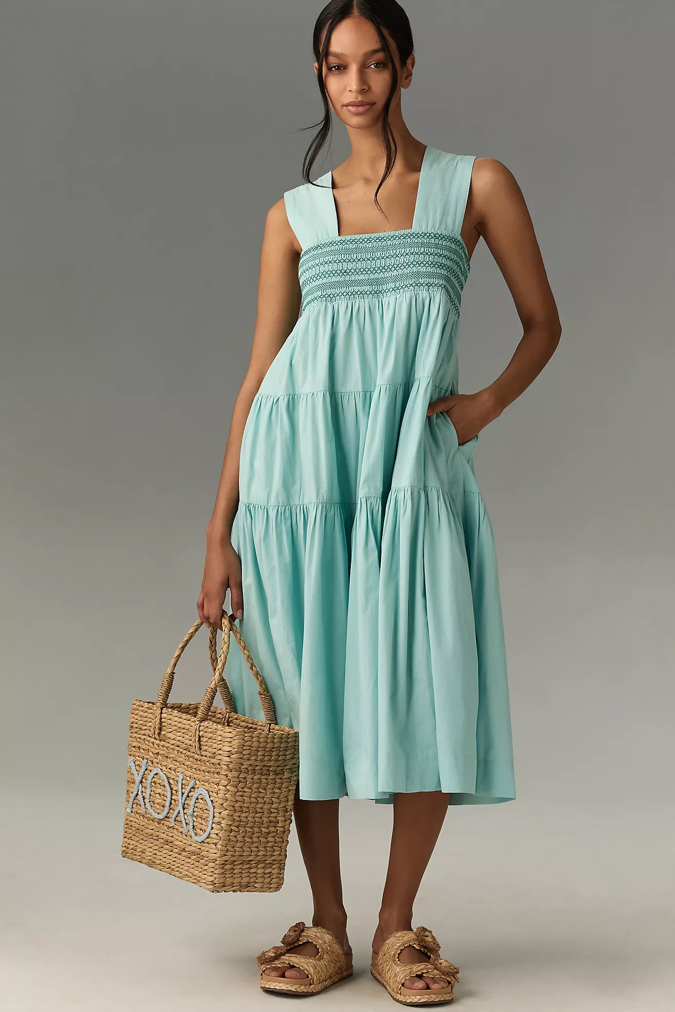 By Anthropologie Square-Neck Smocked Tiered Midi Dress | Anthropologie (US)