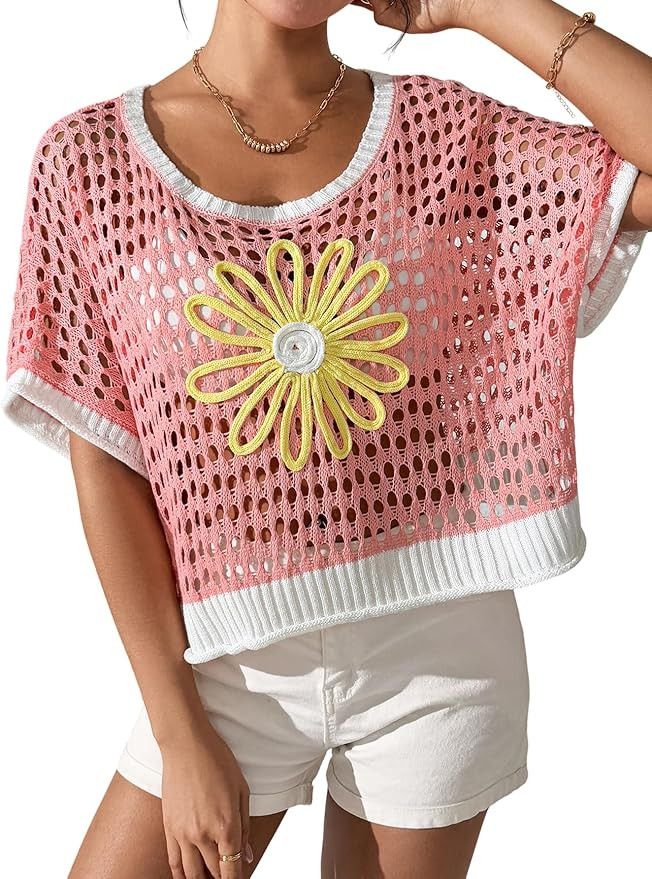 Summer Crochet Tops for Women Boho Crop Hollow Out Sweaters Beach Vacation Knit Cover Ups | Amazon (US)