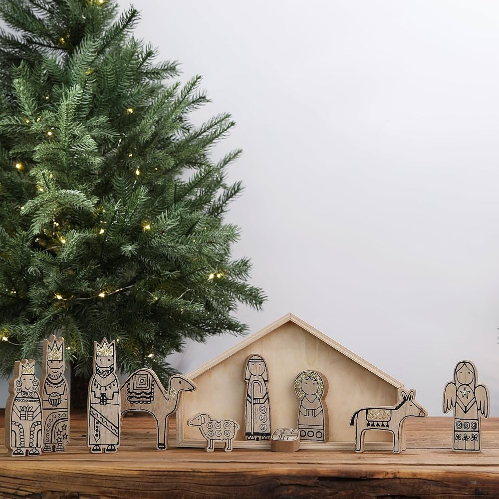 WONDROUS' DECO Wooden Nativity Set,12Pcs Christmas Tabletop Scene-7" Tall, Small Nativity Ornamen... | Amazon (US)