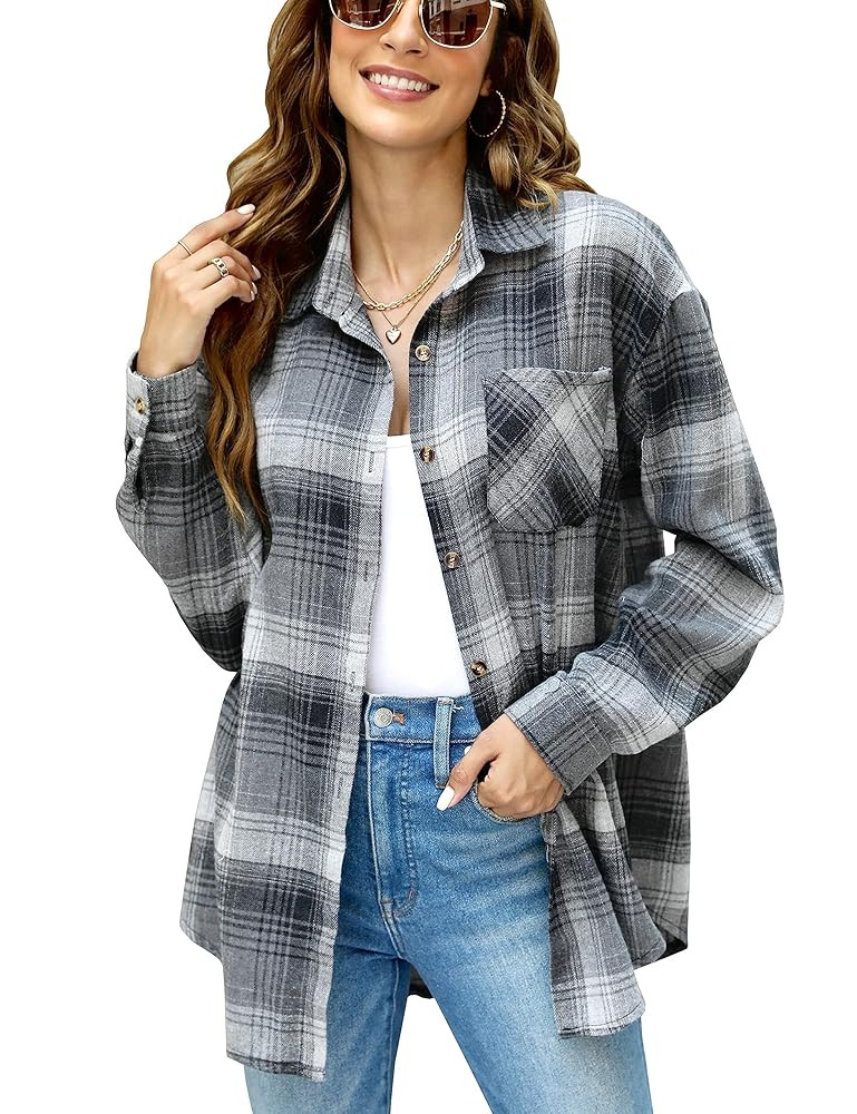 Lumister Oversized Flannel Shirt Women Long Sleeve Plaid Button Buffalo Shirt Blouse Tops with On... | Amazon (US)