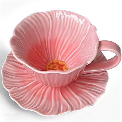 JUSONEY 10 oz Tea Cups and Saucers, Ceramic Flower-shaped Cappuccino Cup, Latte Cup and Saucer se... | Amazon (US)