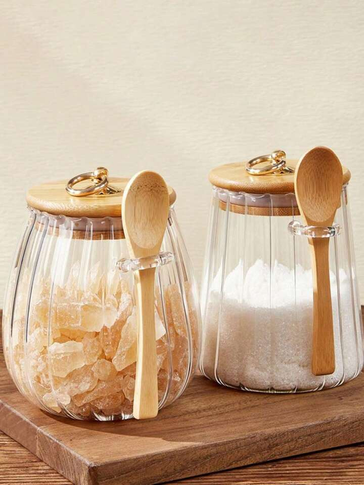 SHEIN 1pc Vertical Striped Transparent Airtight Storage Jar, Household Kitchen Food Container For Spices, Salt, Sugar, Coffee, Tea, 750ml, 650ml | SHEIN