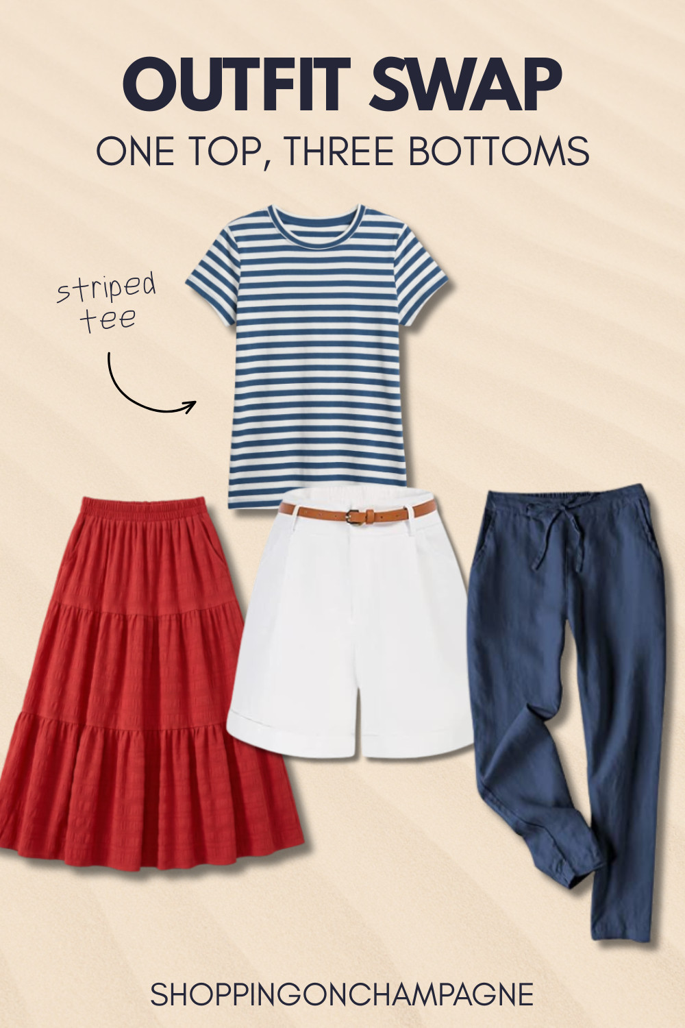 A navy-and-white striped tee is the easiest way to dress for the Fourth of July without overdoing it. Pair it with a red tiered skirt for a festive look, white shorts for a casual day outfit, or navy linen pants for a more polished look. Three completely different looks, one perfect summer top. 

 #LTKSeasonal #LTKOver40 #LTKMidsize