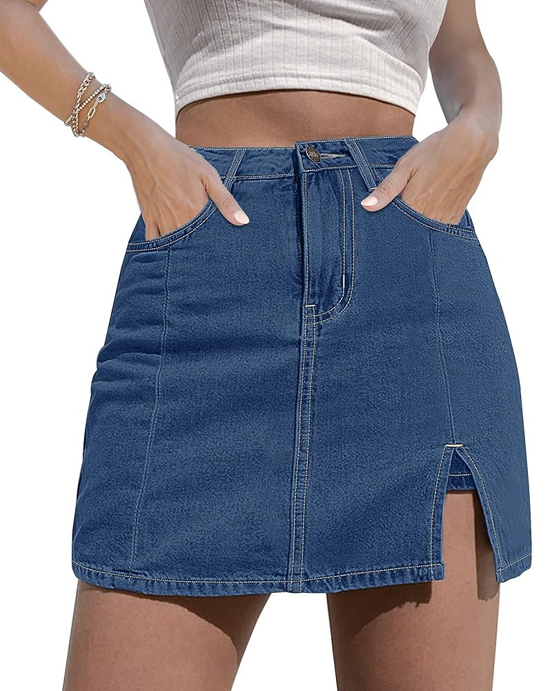 luvamia Skorts Skirts for Women Denim Mini Skirt Side Slit with High Waisted Jean Shorts Stretchy | Amazon (US)