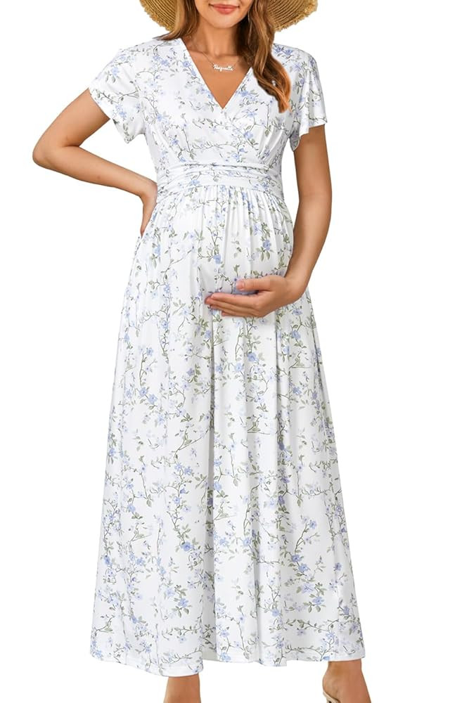 OUGES Maternity Maxi Dress Wrap V Neck Baby Shower Pregnancy Dresses for Photoshoot | Amazon (US)