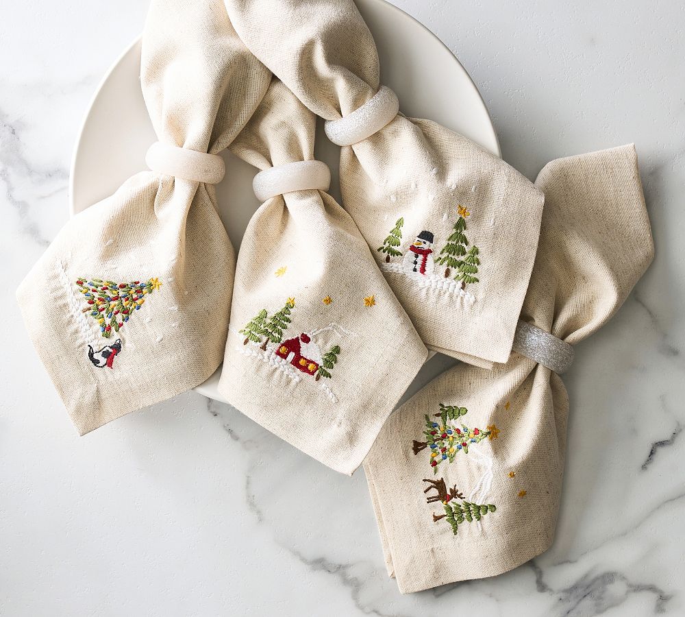 Christmas in the Country Embroidered Cotton/Linen Napkins - Set of 4 | Pottery Barn (US)