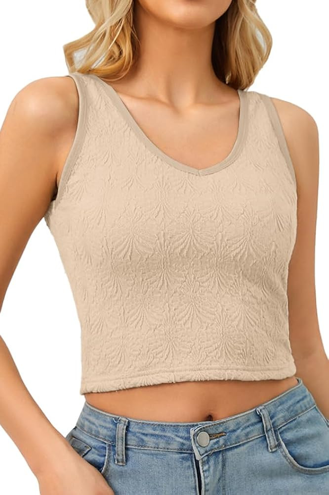 Women Summer Floral V Neck Crop Tank Tops Casual Sleeveless Textured Camisole Tops Y2k Slim Fit S... | Amazon (US)
