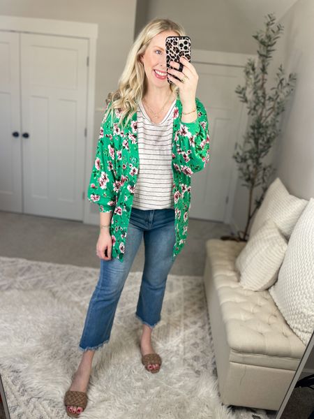 Daily try on, Walmart outfit, Walmart fashion, time and tru, teacher outfit, floral cardigan, striped tank

#LTKunder50 #LTKstyletip #LTKFind