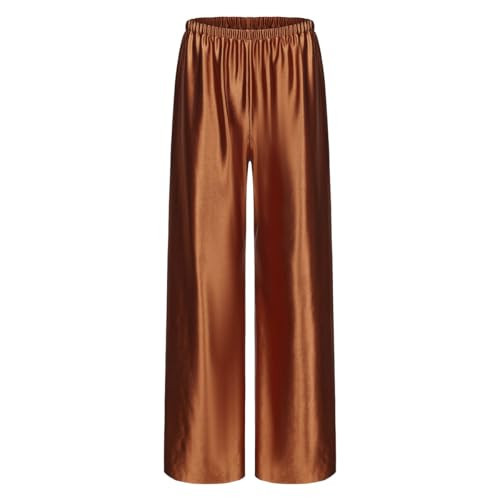 Women Satin Wide Leg Dress Pants Chocolate Brown Silk Casual Dressy Long Flowy Pants Elastic High Waisted Trousers M | Amazon (US)