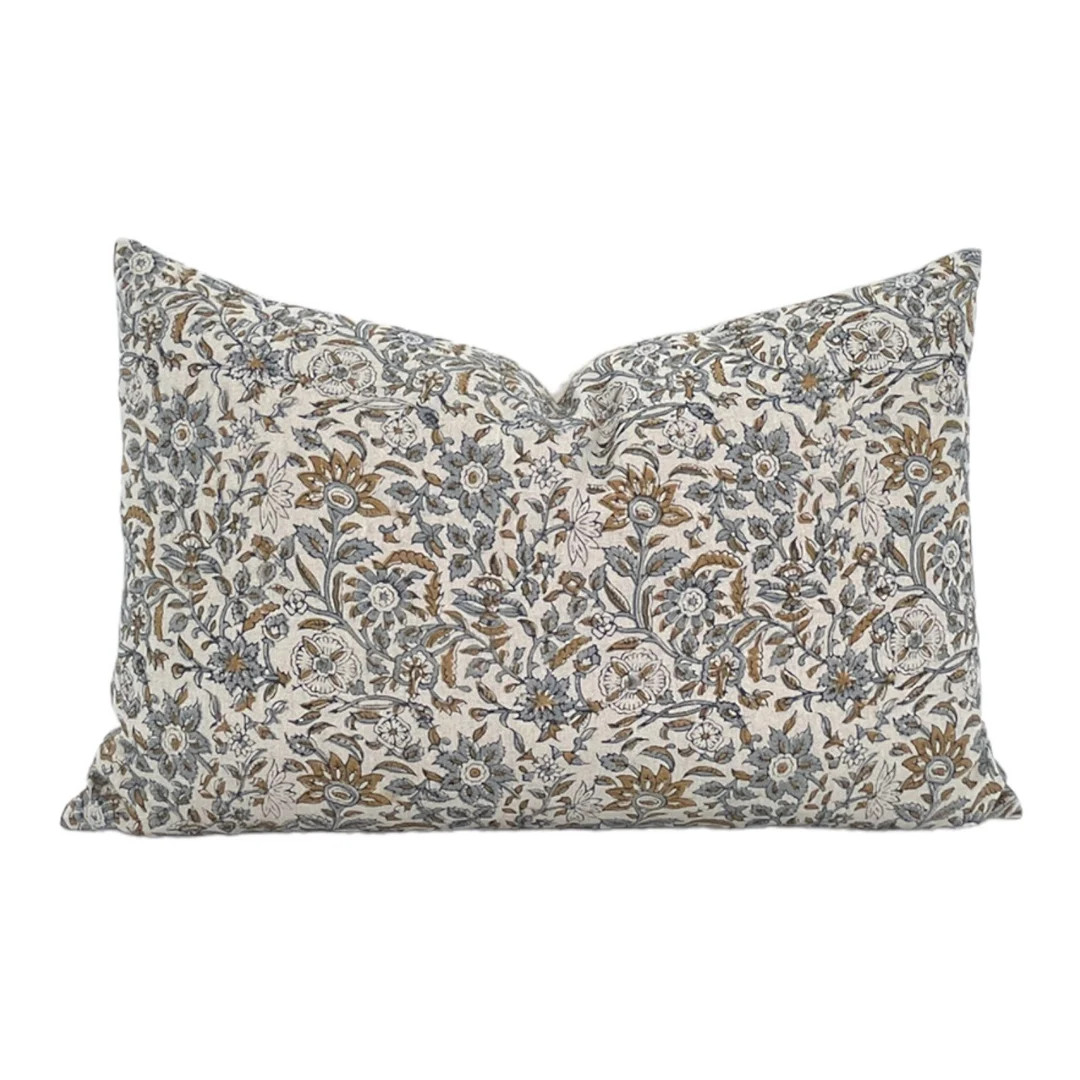Designer Kanan Floral Pillow Cover // Tan Blue Mustard Pillow - Etsy | Etsy (US)