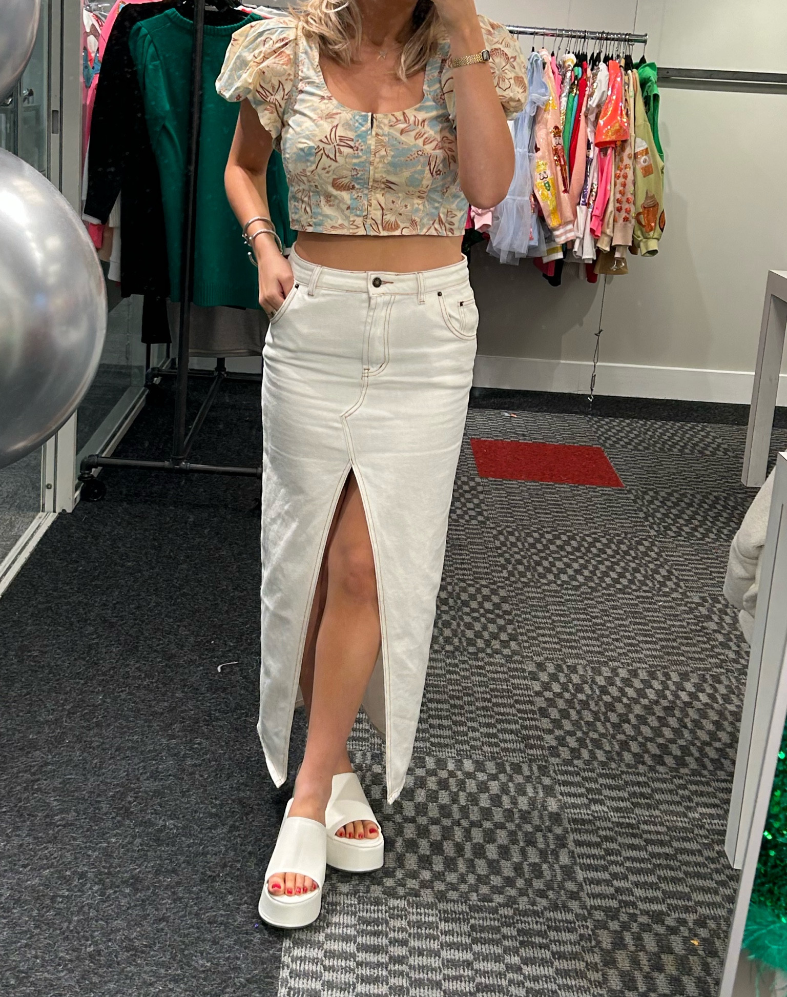 skirt is xs lioness, went down half size in platforms and got s in shein jean skirt 