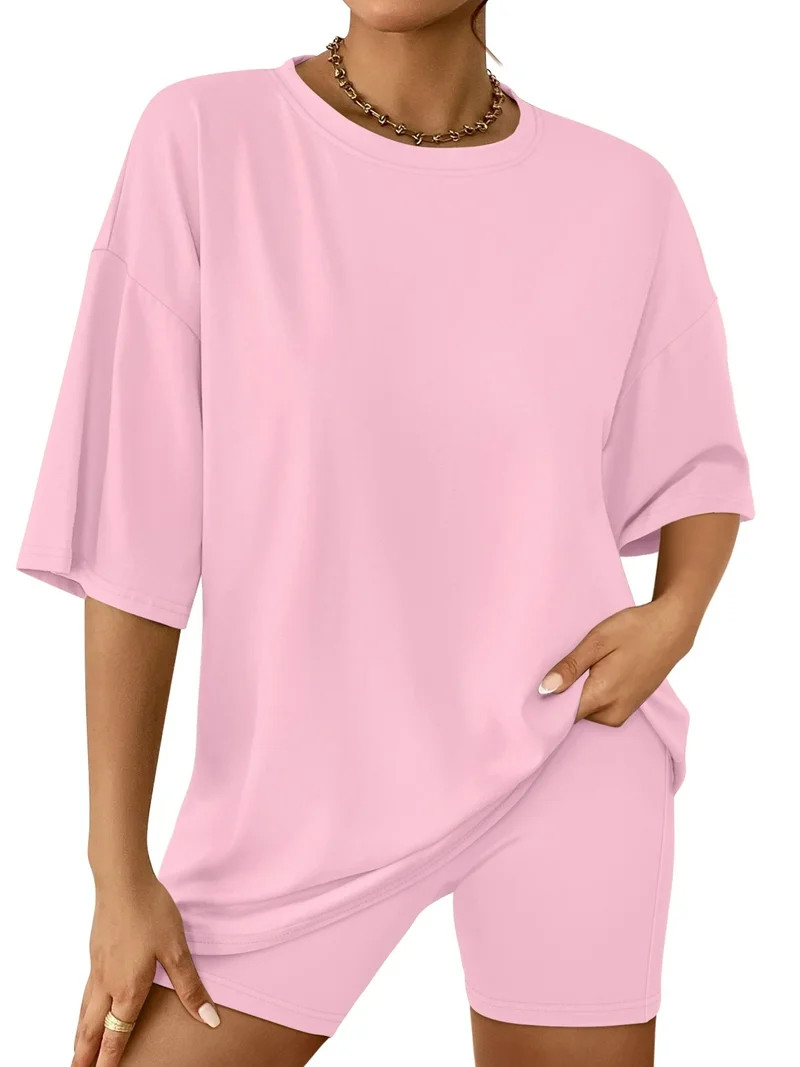 SUNBS 2 Piece Outfit for Women Lounge Sets Oversized Tshirts Matching Biker Short Summer Clothing... | Walmart (US)