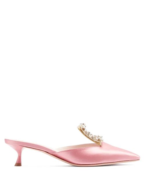 Roger Vivier - Broche Vivier Crystal-buckle Satin Mules - Womens - Pink | Matches (UK)