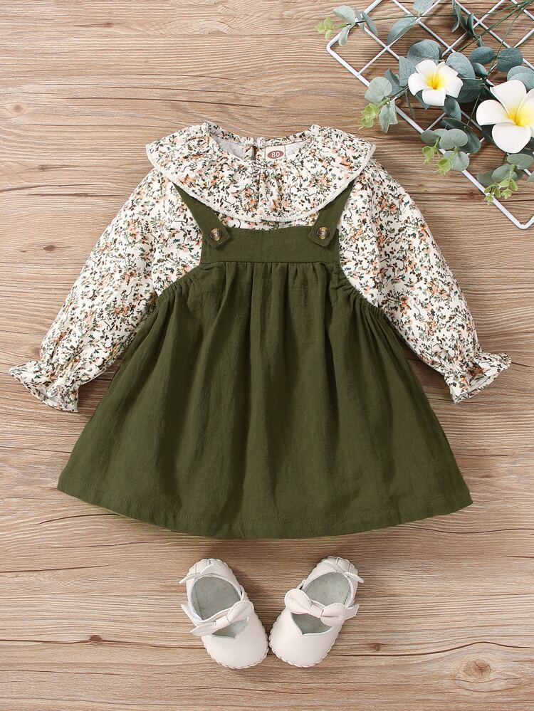 Baby Suspender Skirt & Plant Print Flounce Sleeve Top | SHEIN