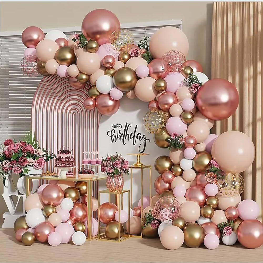 Rose Gold Balloon Garland Kit, Nude Pastel Pink Metallic Gold Matte White Balloons Gold and Rose Gold Confetti Balloons for Wedding Bridal Shower Birthday Baby Shower Easter Decorations… | Amazon (US)