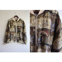 90S Olive Green Silk Bomber Jacket, Printed Zip Up Windbreaker Women's Size L, Vintage Hipster Slouc | Etsy (US)