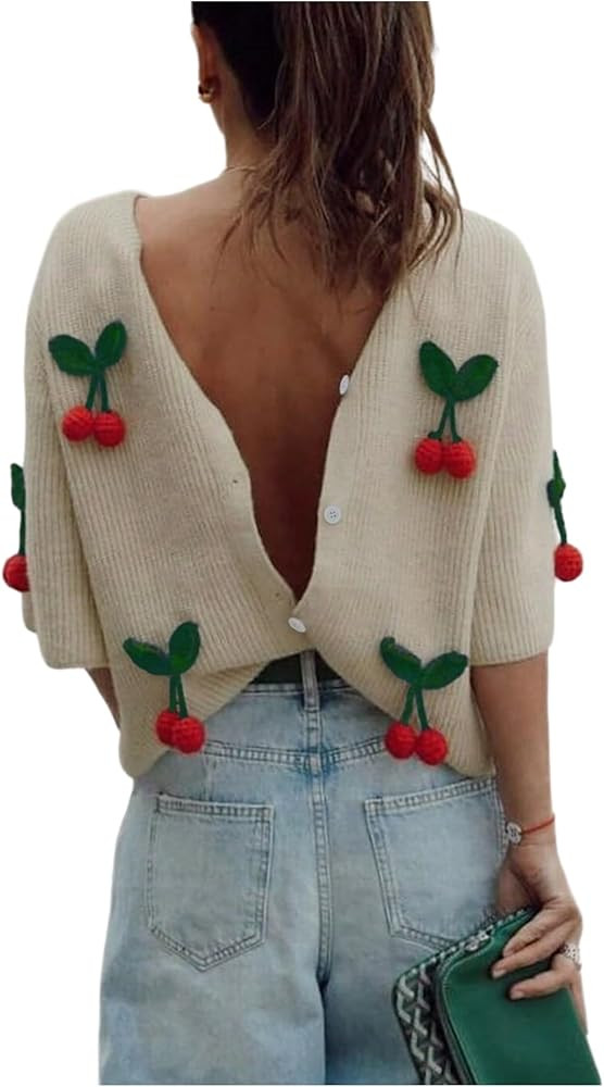 WDIRARA Women's 3D Cherry Button Down Cardigan Sweaters Crew Neck Half Sleeve Sweater | Amazon (US)