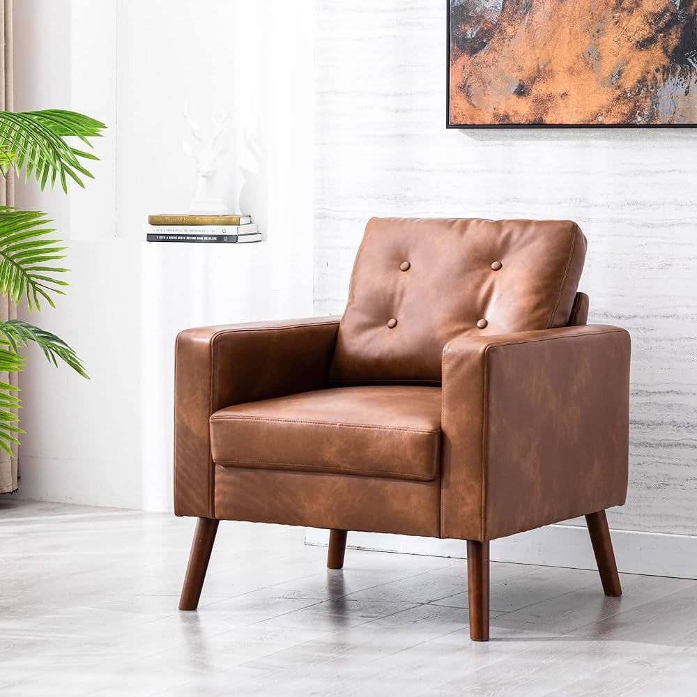 Mid Century Modern Armchair, Caramel Faux Leather Accent Chair Upholstered with Wood Legs, Button... | Amazon (US)