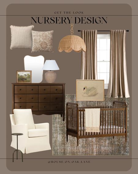 Nursery design 

Dark brown stained spindle crib scallop dresser pattern floral swan printed art glider moody velvet beige curtains 

#LTKstyletip #LTKfindsunder100 #LTKhome