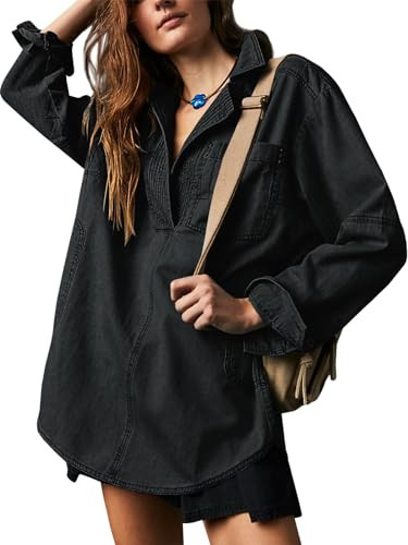 Fazortev Womens Denim Tops Casual V Neck Loose Fit Long Sleeve Jean Jackets | Amazon (US)