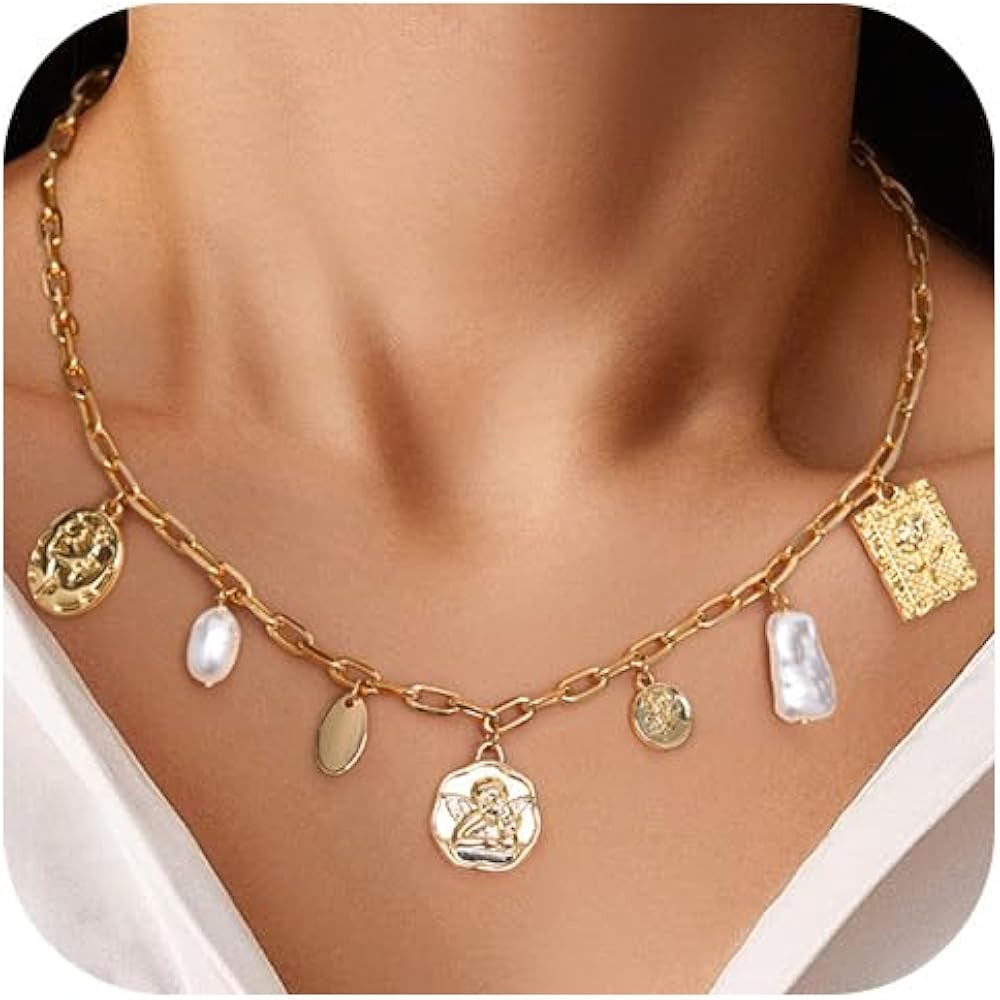 Chunky Gold Charm Necklace for Women: 14K Gold Plated Heart Paperclip Link Chain Coin Pearl Choke... | Amazon (US)
